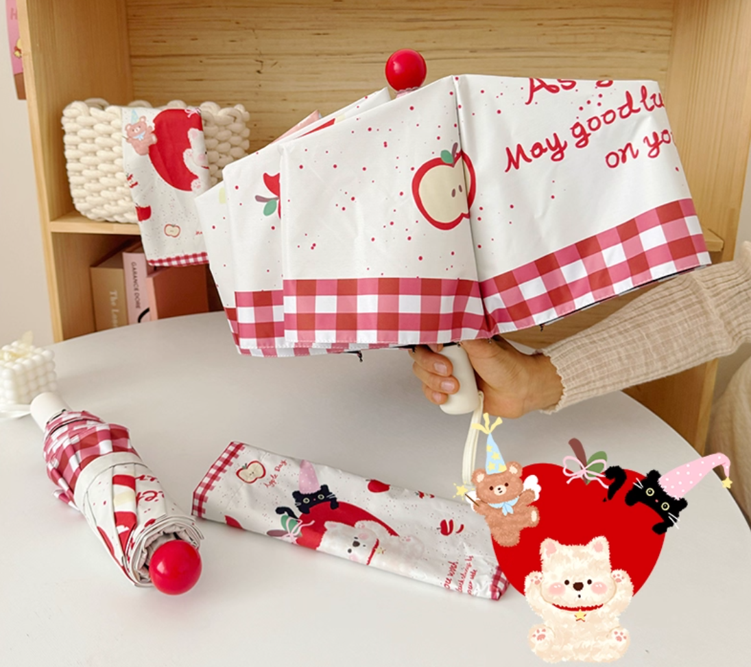 苹果修狗雨伞女晴雨伞两用太阳伞黑胶防晒防紫外线折叠遮阳伞自动