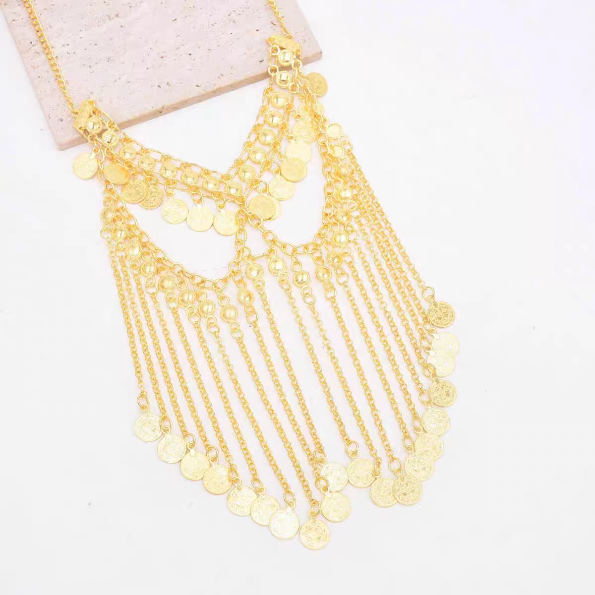 欧美中东民族风波西米亚风情夸张流苏小金币舞蹈面罩面纱白底实物图