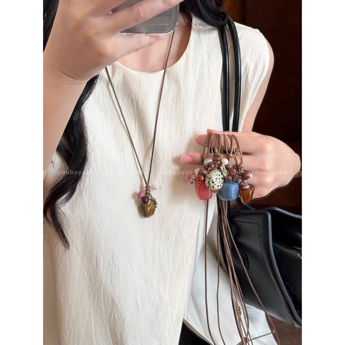 复古天然石项链流行项链，秋冬