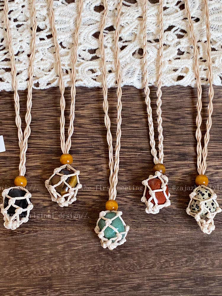 复古天然石网兜吊坠项链女2025新款时尚设计毛衣链小众度假风配饰