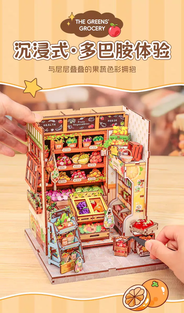 CuteBee Green Couple's Small Shop Handmade diy House Assembly Model Fruit and Vegetable Store Miniature Scene building Block Gift detail image 2