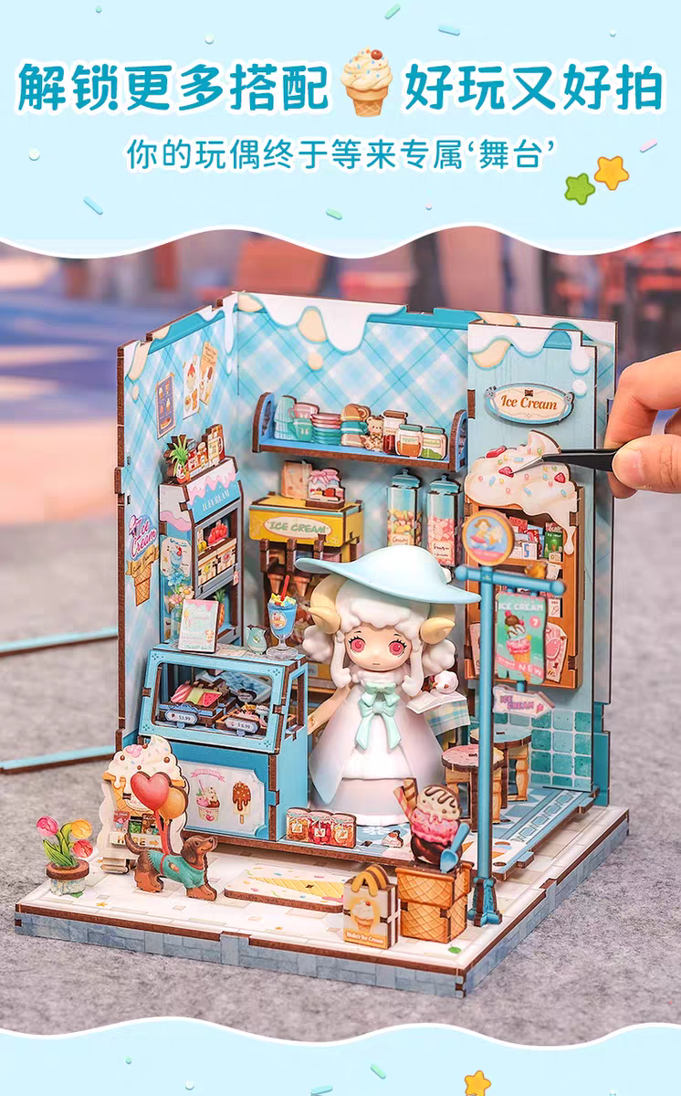 CuteBee Bella Ice Cream Handmade diy House Small House Wooden Assembly Model Building Blocks Birthday Gift for girls detail image 4