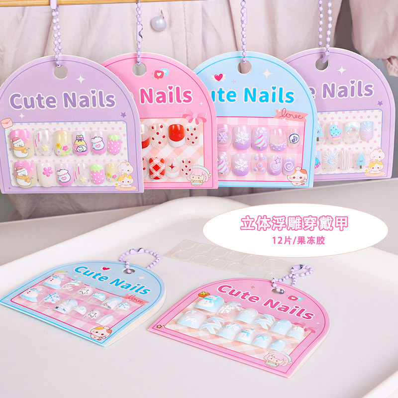 新款卡通浮雕儿童指甲贴可爱立体穿戴甲假指甲甲片贴片立体甲片