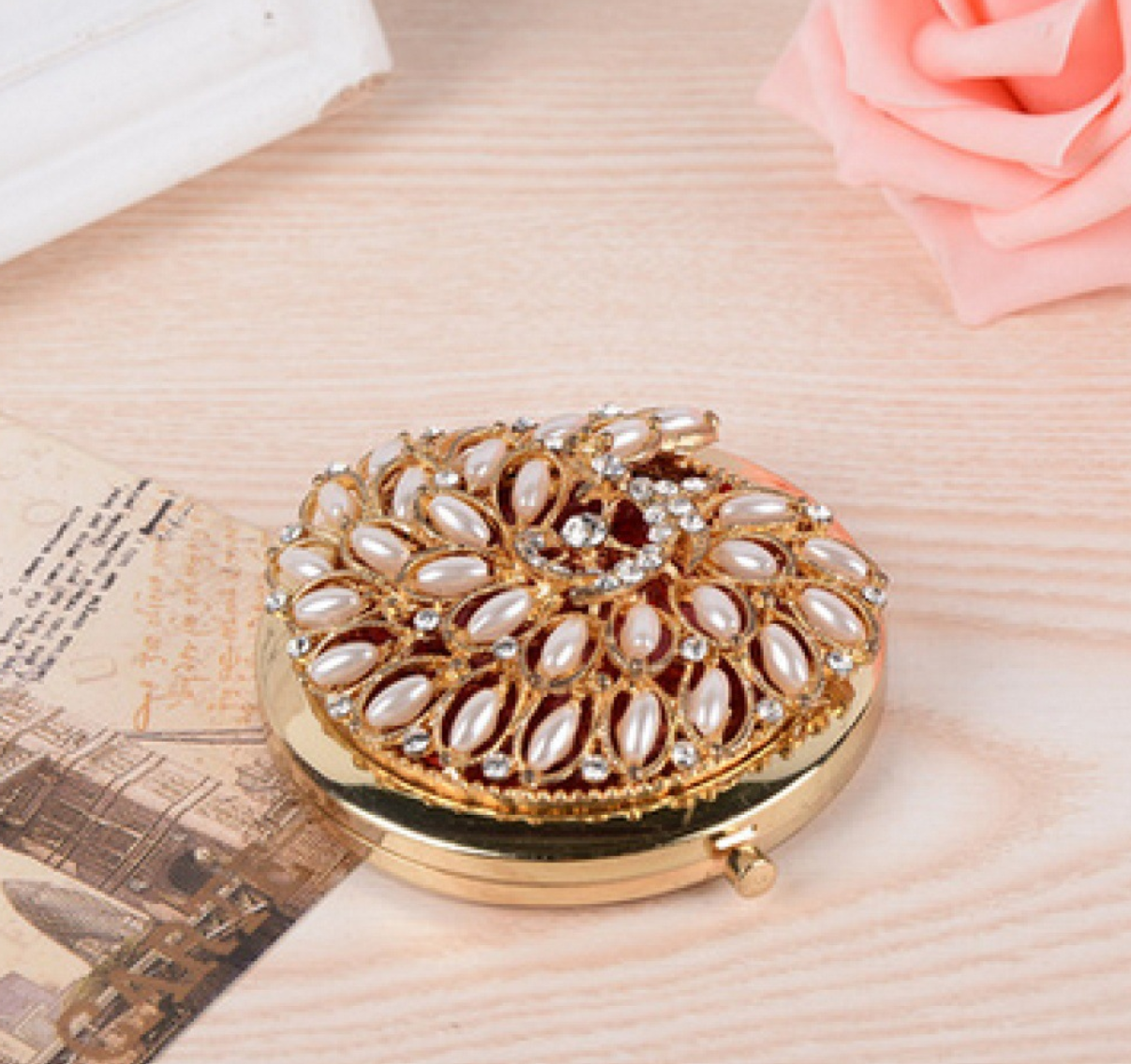 创意镜子欧式风格镜金色珍珠镜镂空双面折叠化妆镜镜子2