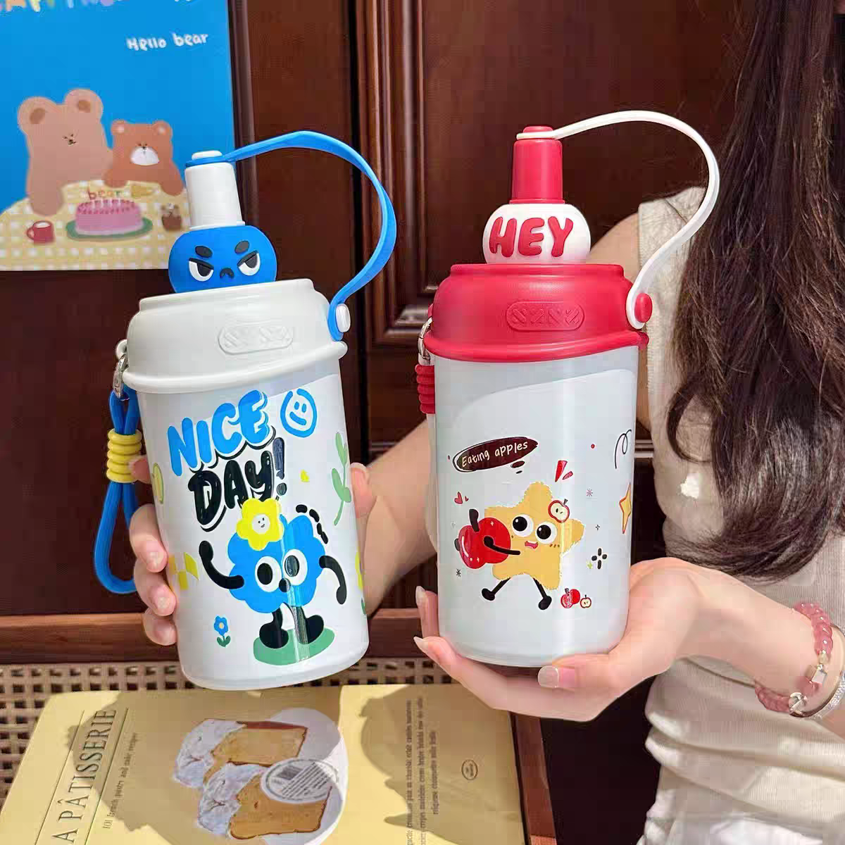 EYUN可爱公仔吸管杯便携学生水杯手提带茶漏高颜值卡通保温杯600ml细节图