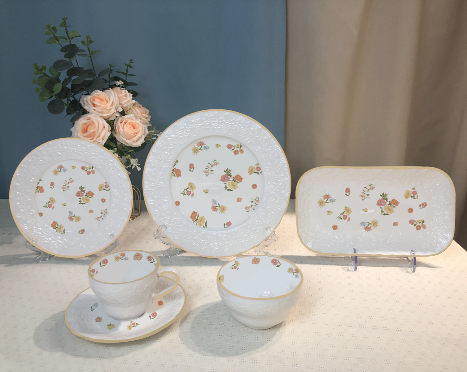 Light luxury, high appearance level, high-end sense, manor French relief tableware set, bowls, plates, high-end sense, tableware, housewarming wedding gift, modern simple style tableware set, high-end tableware, ceramic plates pic 3