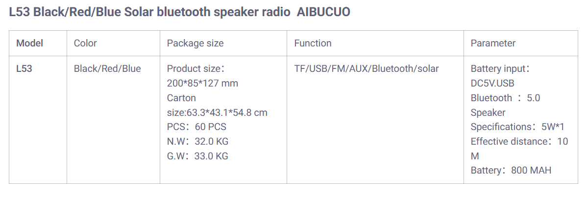 AIBUCUO 巨舶 L53太阳能蓝牙音箱收音机户外音响蓝牙扬声器AIBUCUO详情2