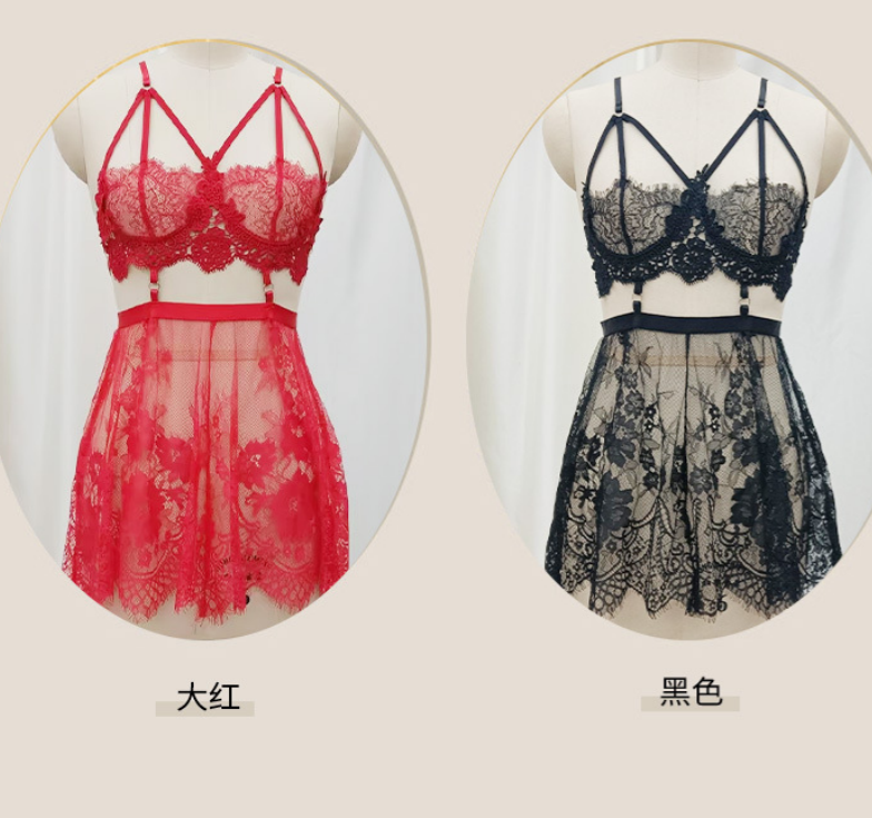 镂空半透视黑色吊带睡裙家居服蕾丝花边睡衣大码吊带薄款睡裙内衣详情5