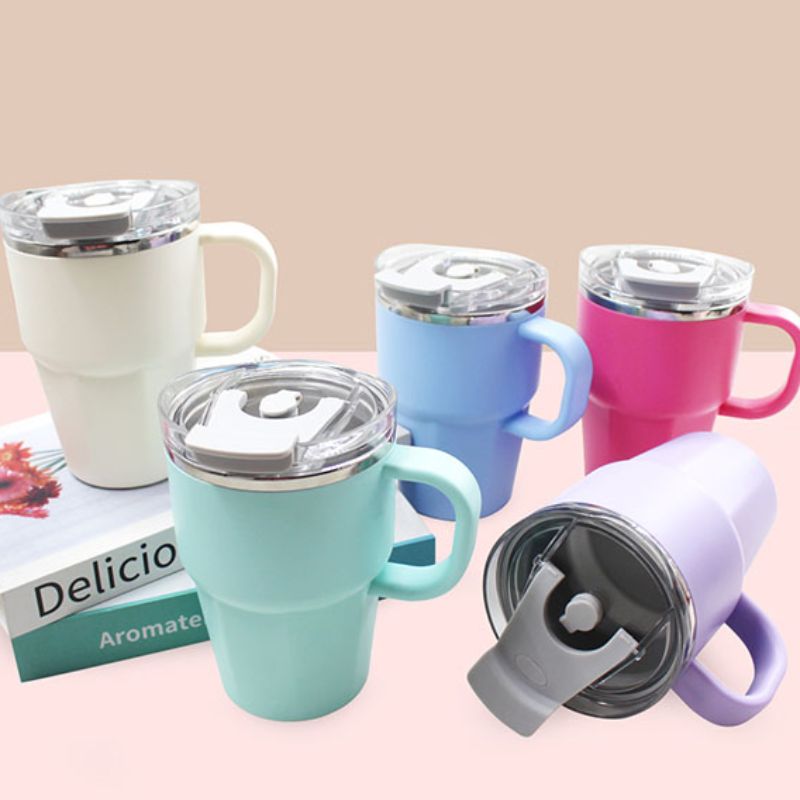 New outer plastic inner steel inner liner stainless steel 304 shell PP macaron multi-color series 600ML handle office cup, customizable logo pattern, festival gift, cross-border exclusive, can be equipped with multiple LIDS, high appearance level