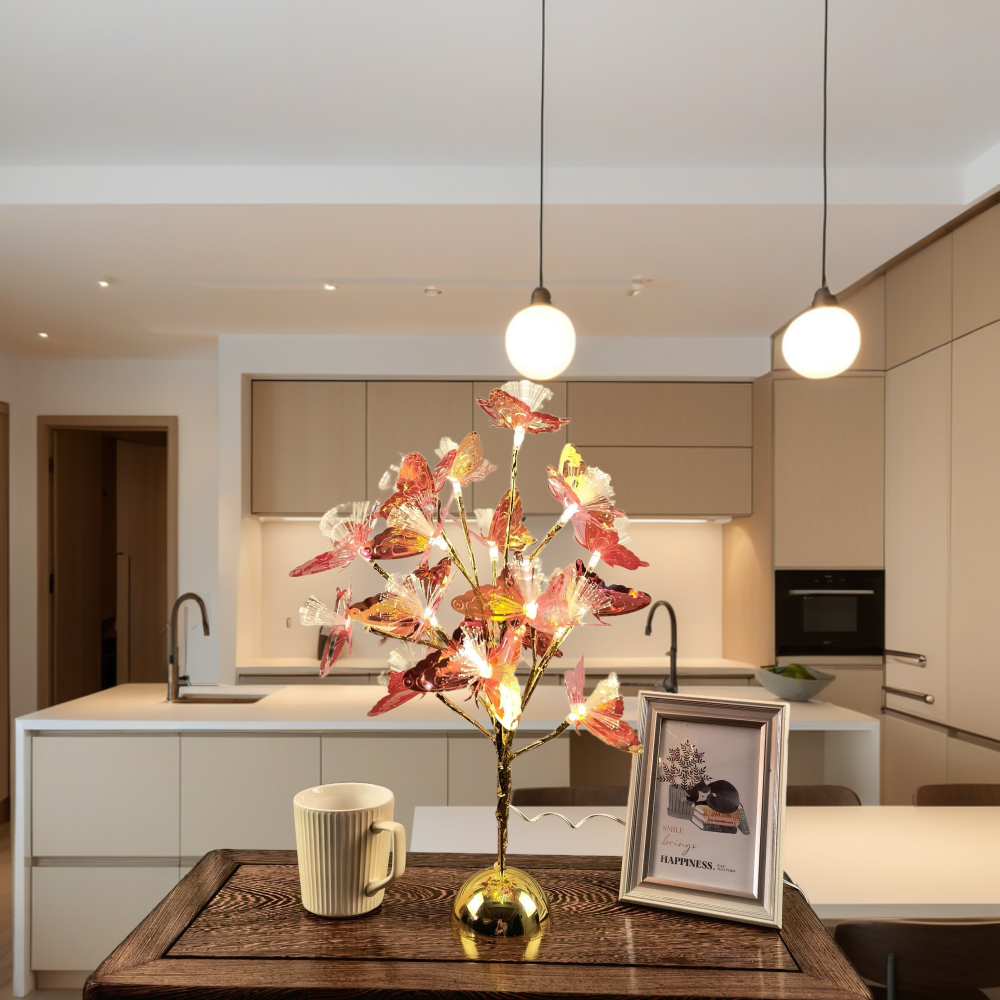 镀金半圆18头金枝金色亮片蝴蝶光纤LED树灯，适用于家居装饰，摆件，节日派对用品，送礼礼物，万圣节爆款LED，圣诞灯