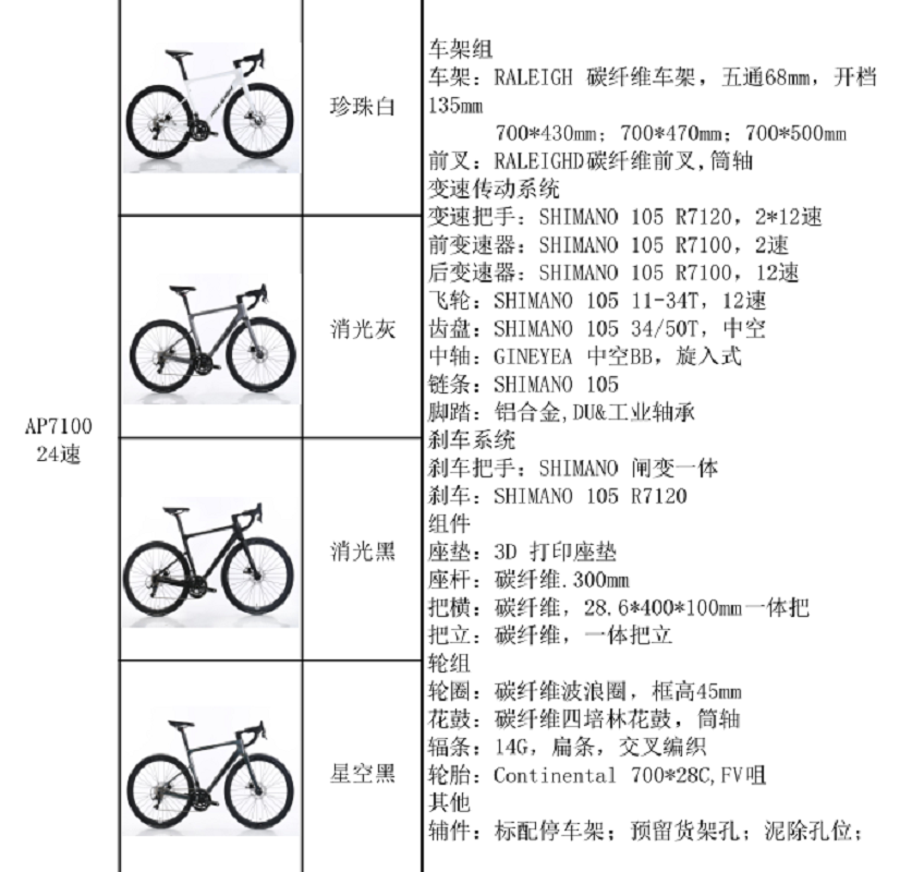 AP7100弯把 公路自行车 RALEIGH碳纤维车架 SHIMANO 105 R7120 2*12速 详情5