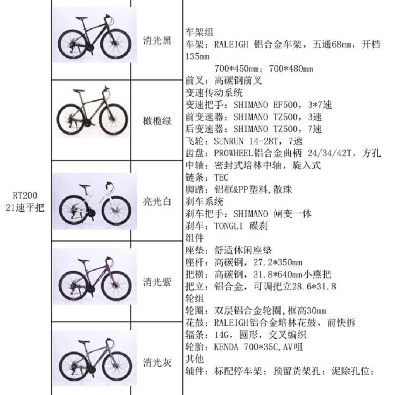 RT200平把 21速，公路自行车 RALEIGH 铝合金车架 SHIMANO EF500变速器详情6