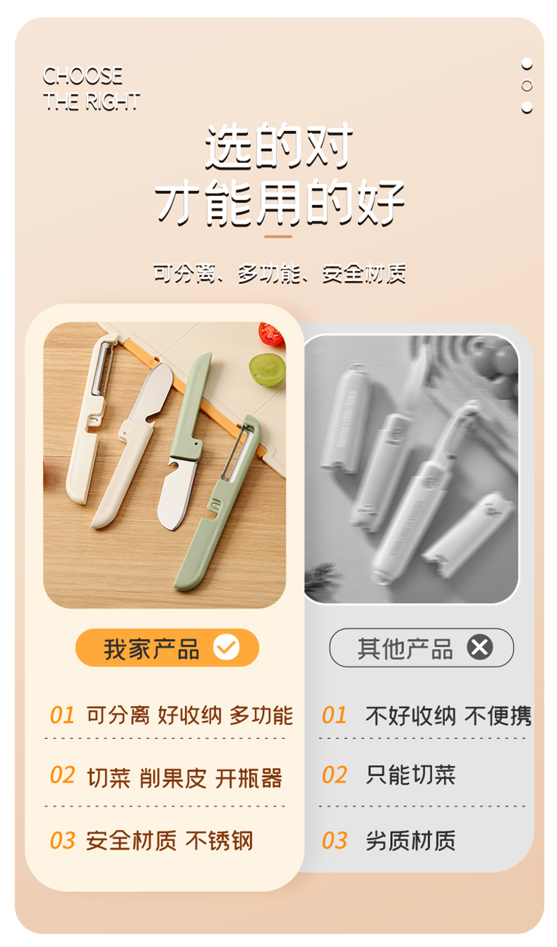户外便携多功能削皮刀，二合一削皮器不锈钢水果刀（597）详情5