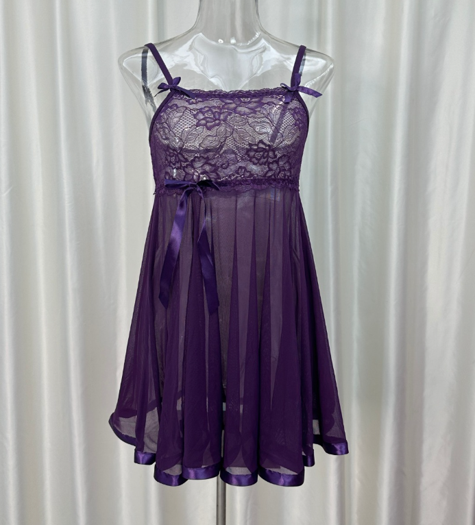 新款吊带睡裙夏款网纱蕾丝内衣半透视诱惑睡裙薄纱高开叉蕾丝睡裙详情7