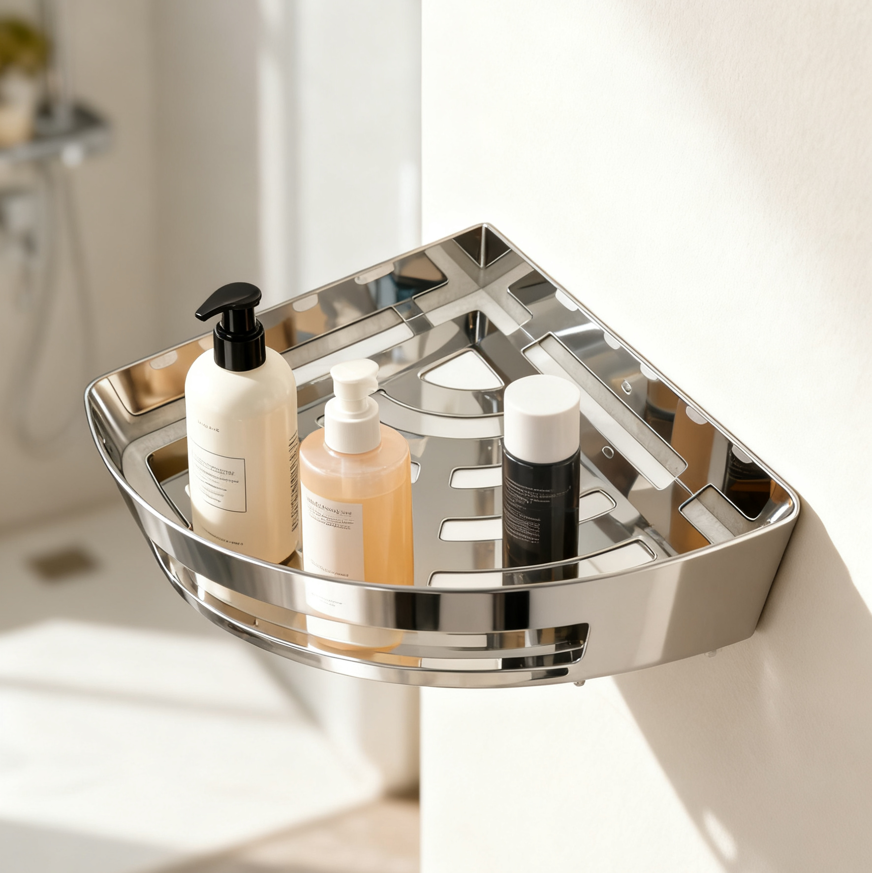 Bathroom triangular basket, 304 stainless steel bright surface, square storage rack for the bathroom, wall-mounted corner basket without drilling