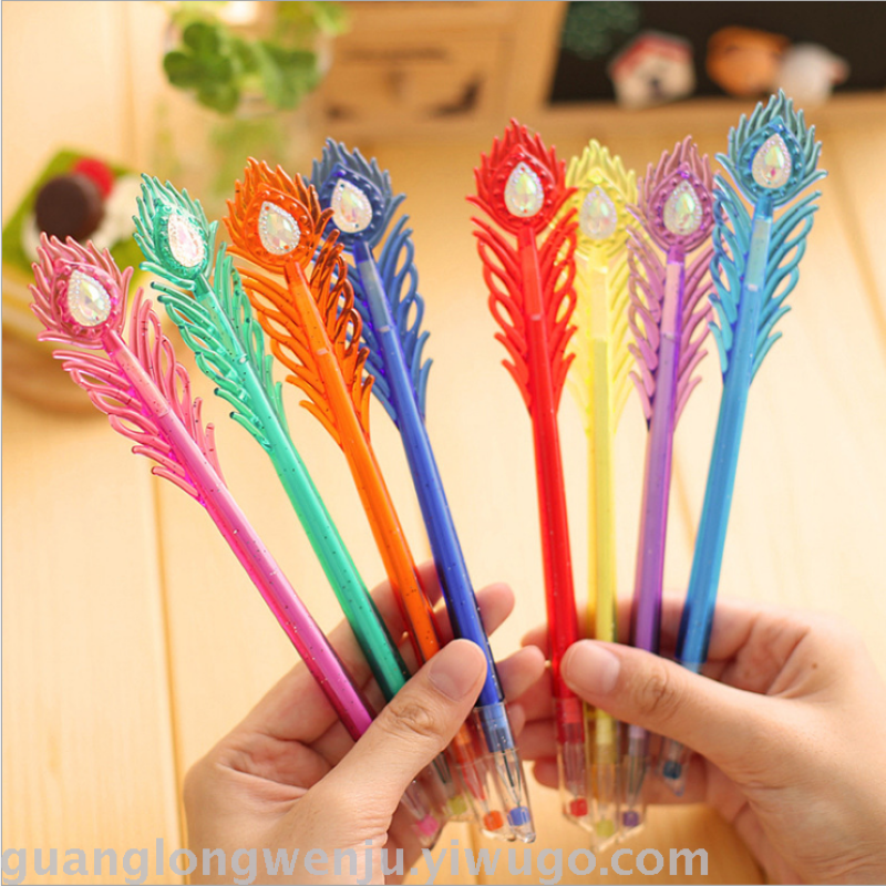 钻石头孔雀羽毛中性笔 韩国精品文具批发钻石头彩色中性笔8