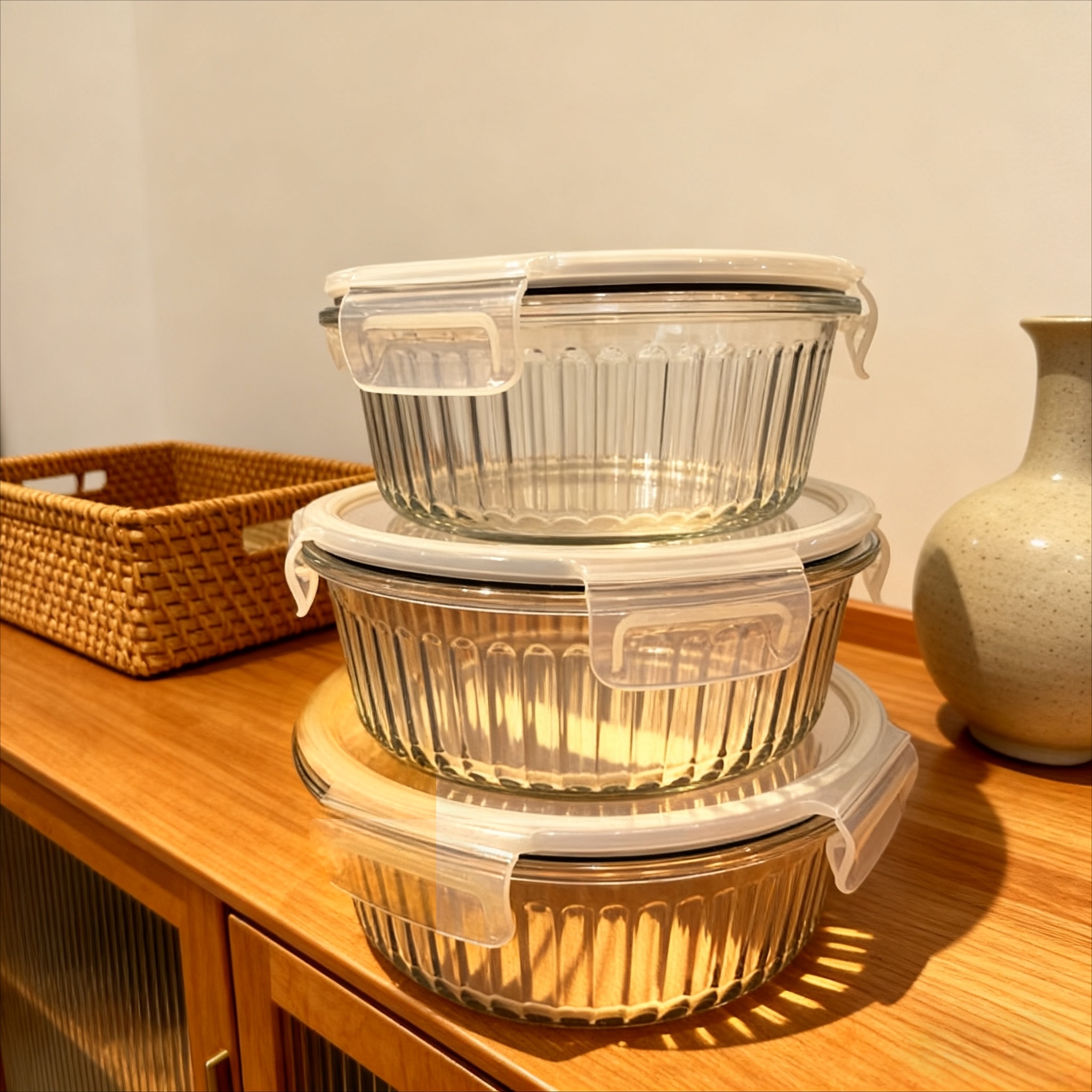 3件套1300ml 900ml 620ml圆形带孔塑料盖的玻璃杯保鲜盒 白色和黑色密封圈混装