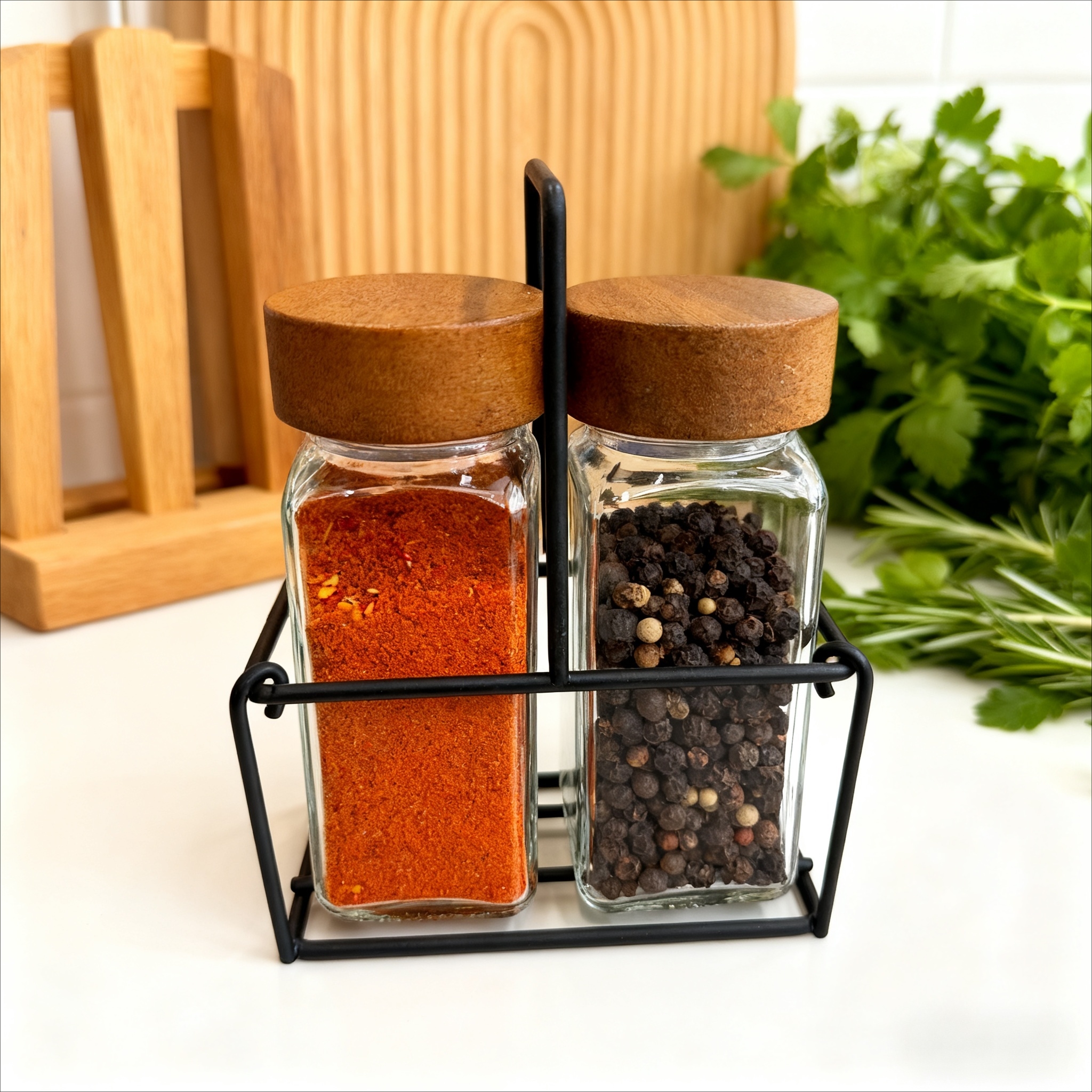 2只装方形调味瓶套装搭配黑色铁架