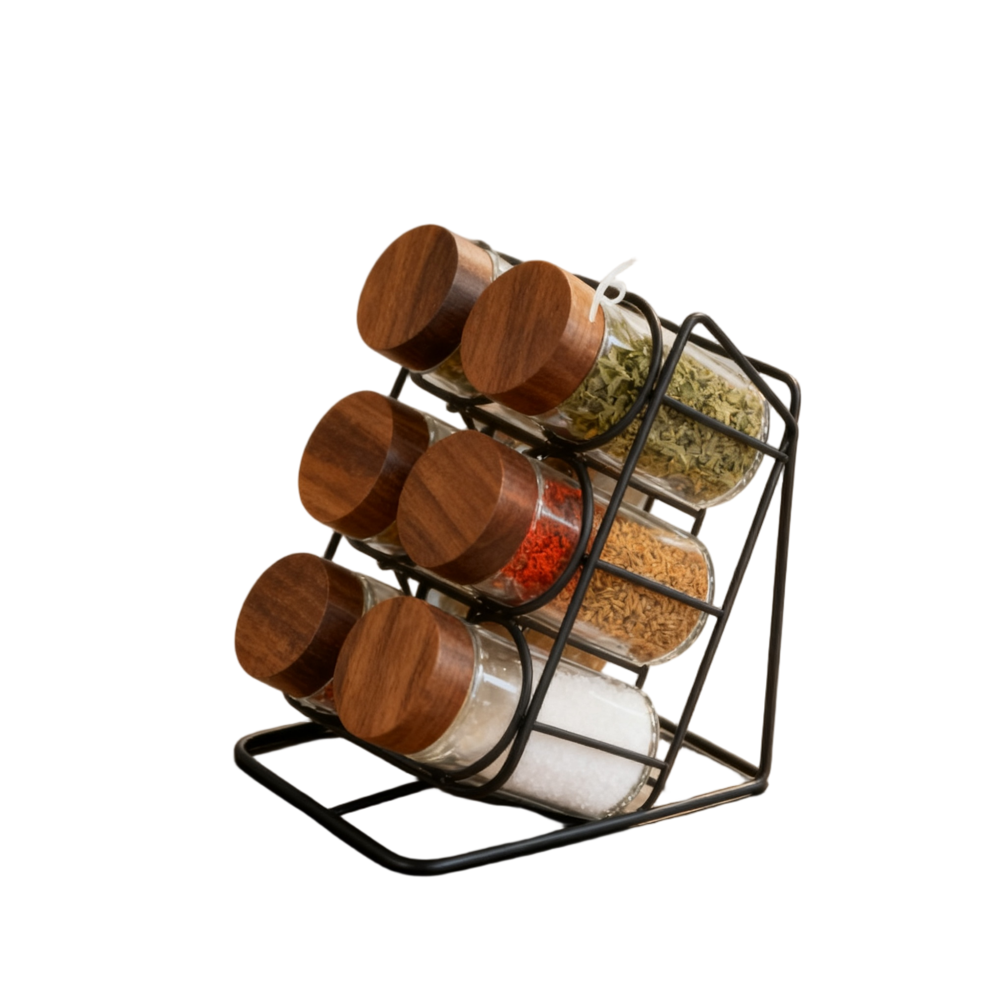 6只装圆形调味瓶套装搭配黑色铁架（斜放）白底实物图