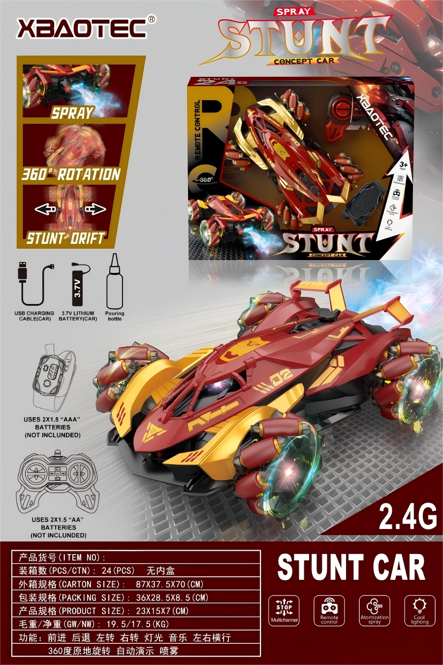 Remote control of Iron Man Stunt car lights, music and spray (controller + watch) dual remote control full figure