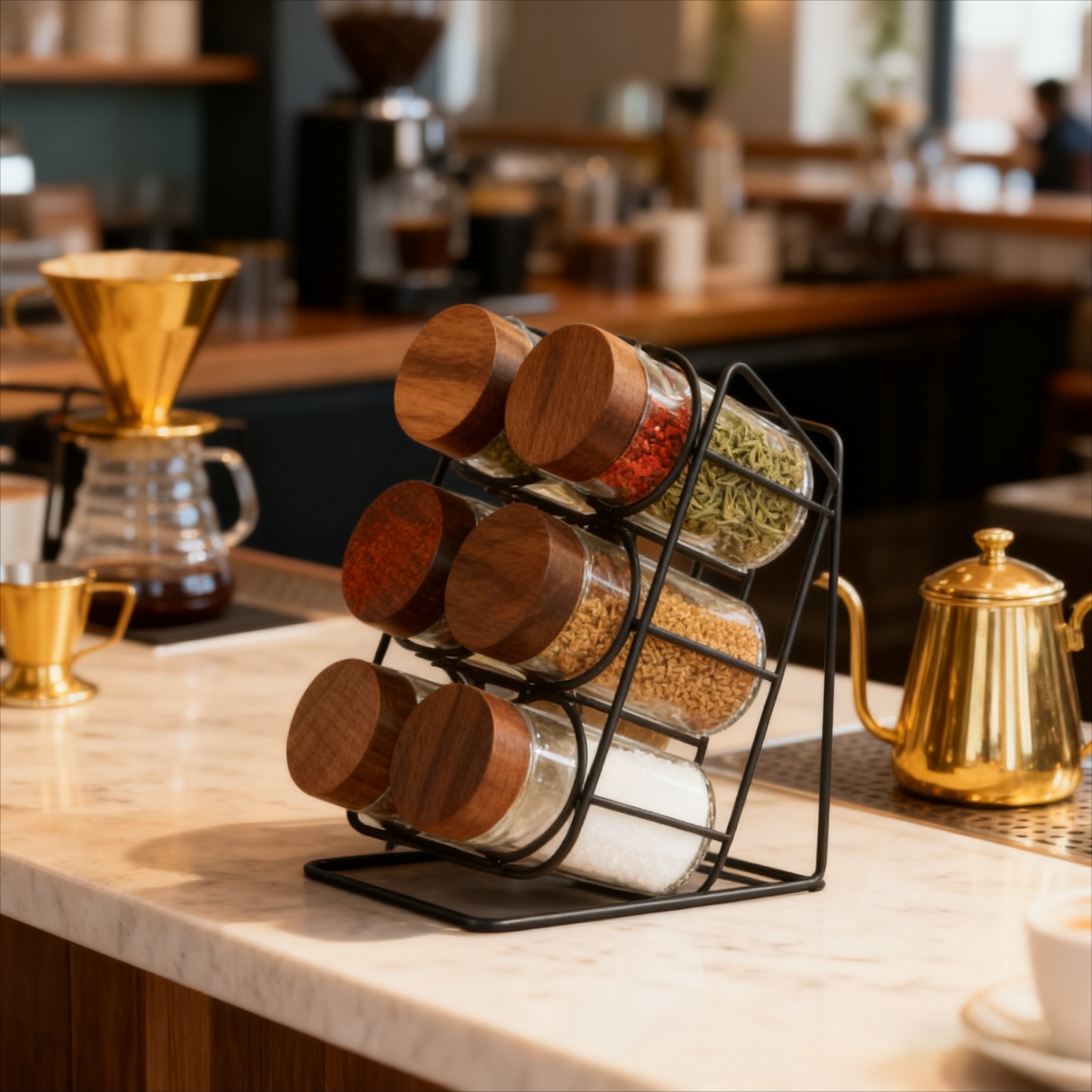 6只装圆形调味瓶套装搭配黑色铁架（斜放）