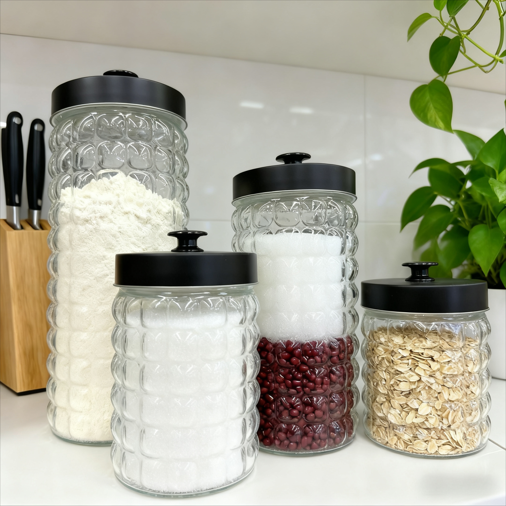 4件套2100ml 1700ml 1200ml 800ml带黑色金属把手盖的玻璃罐