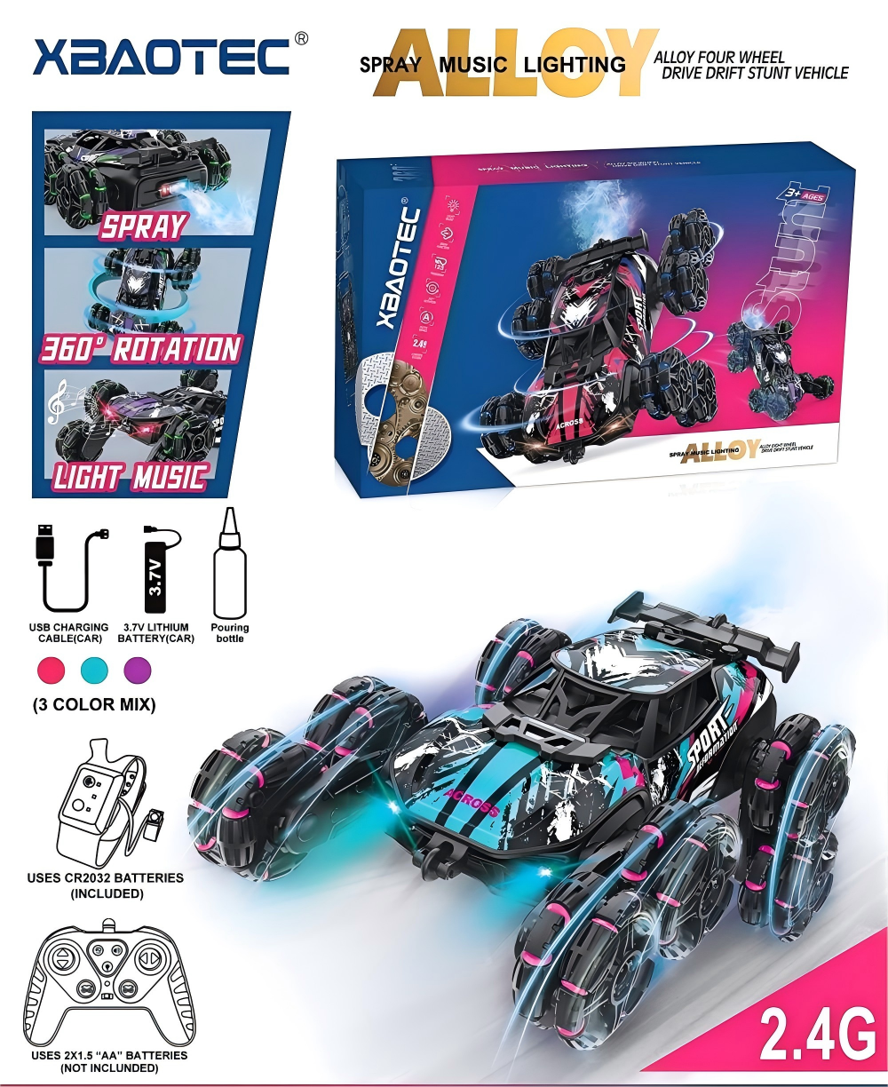 Alloy remote control eight-wheel light, music, spray stunt car handle + watch dual remote control full figure