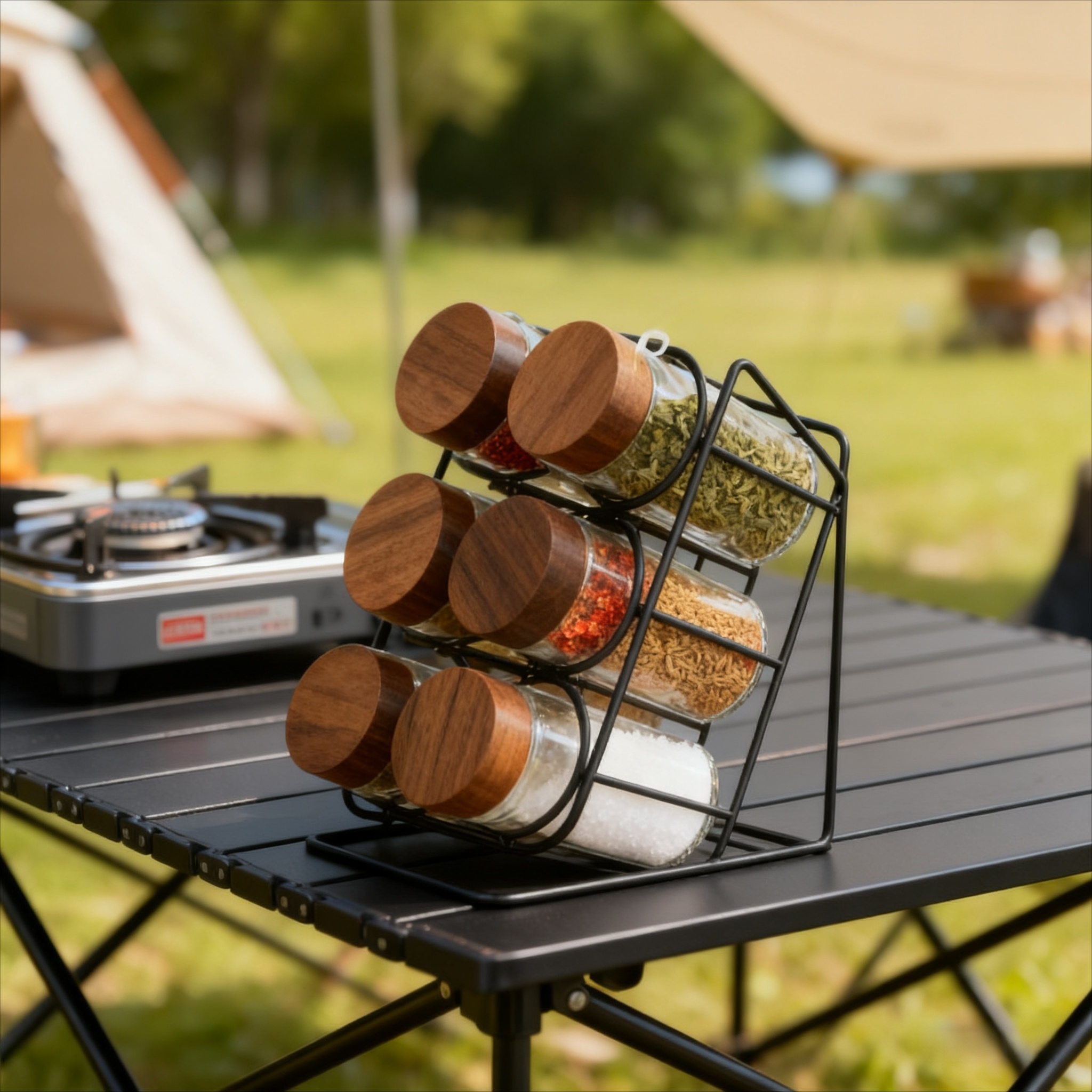 6只装圆形调味瓶套装搭配黑色铁架（斜放）产品图