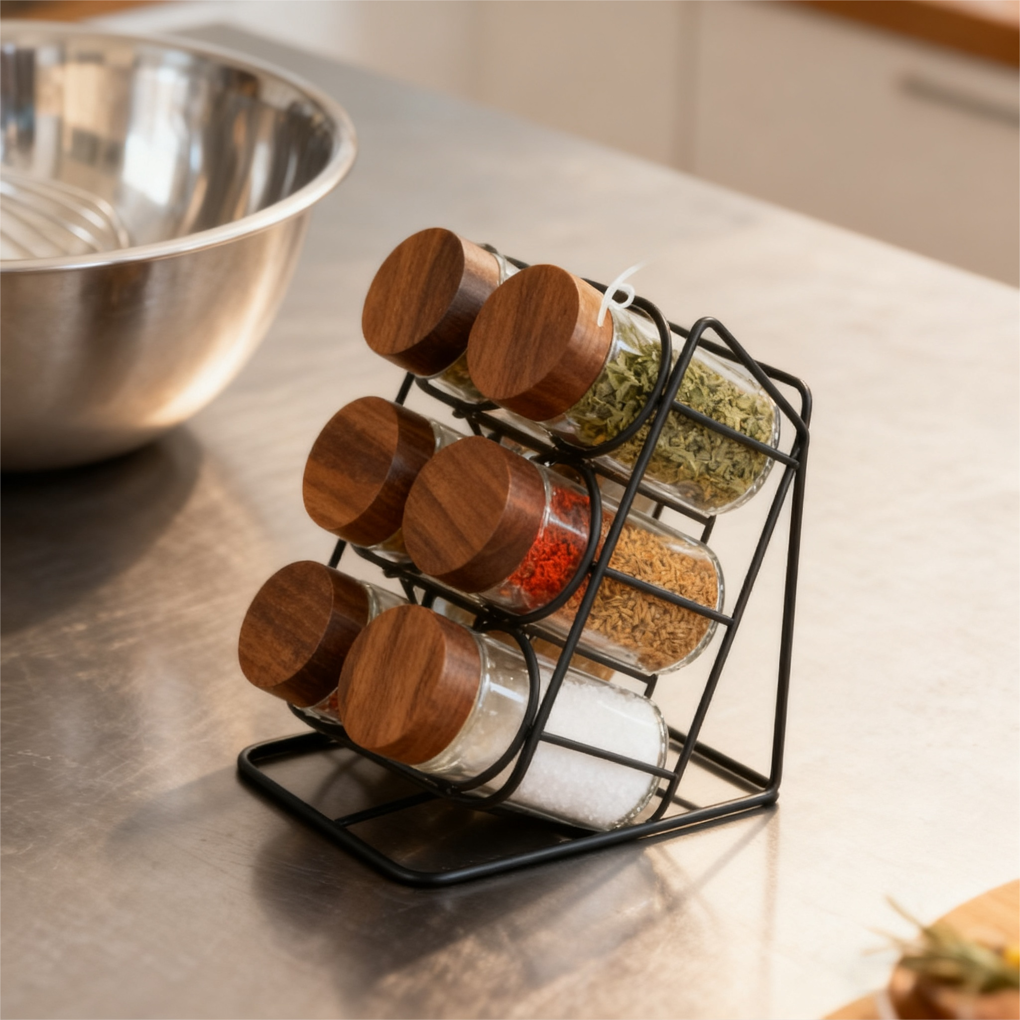 6只装圆形调味瓶套装搭配黑色铁架（斜放）细节图