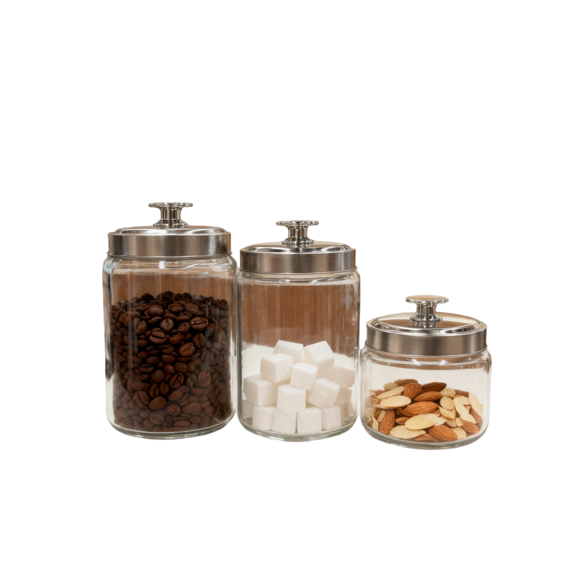 3件套700ml 500ml 300ml 银色把手盖的玻璃罐白底实物图