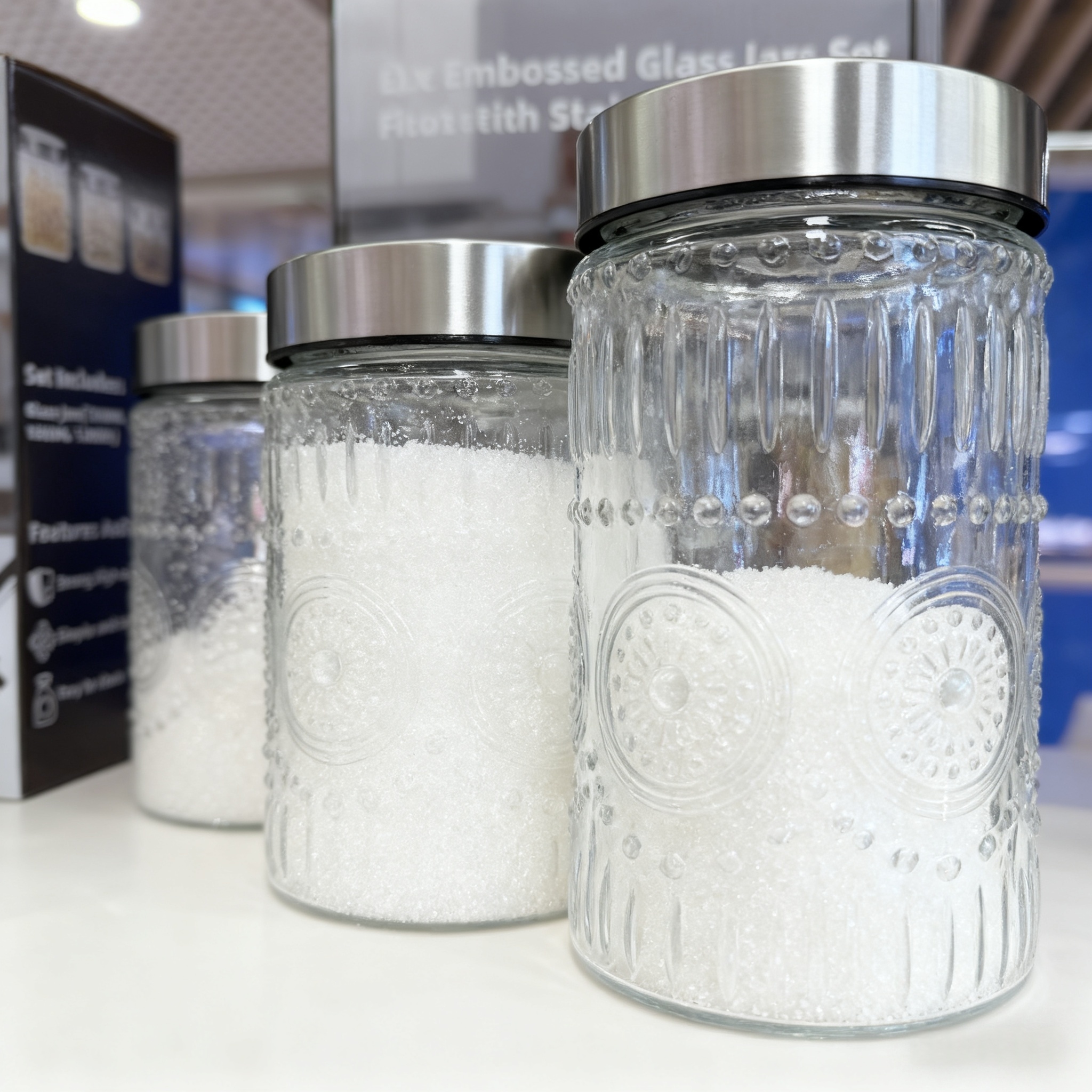 3件套1700ml 1200ml 800ml太阳花图案带不锈钢盖的玻璃罐 细节图