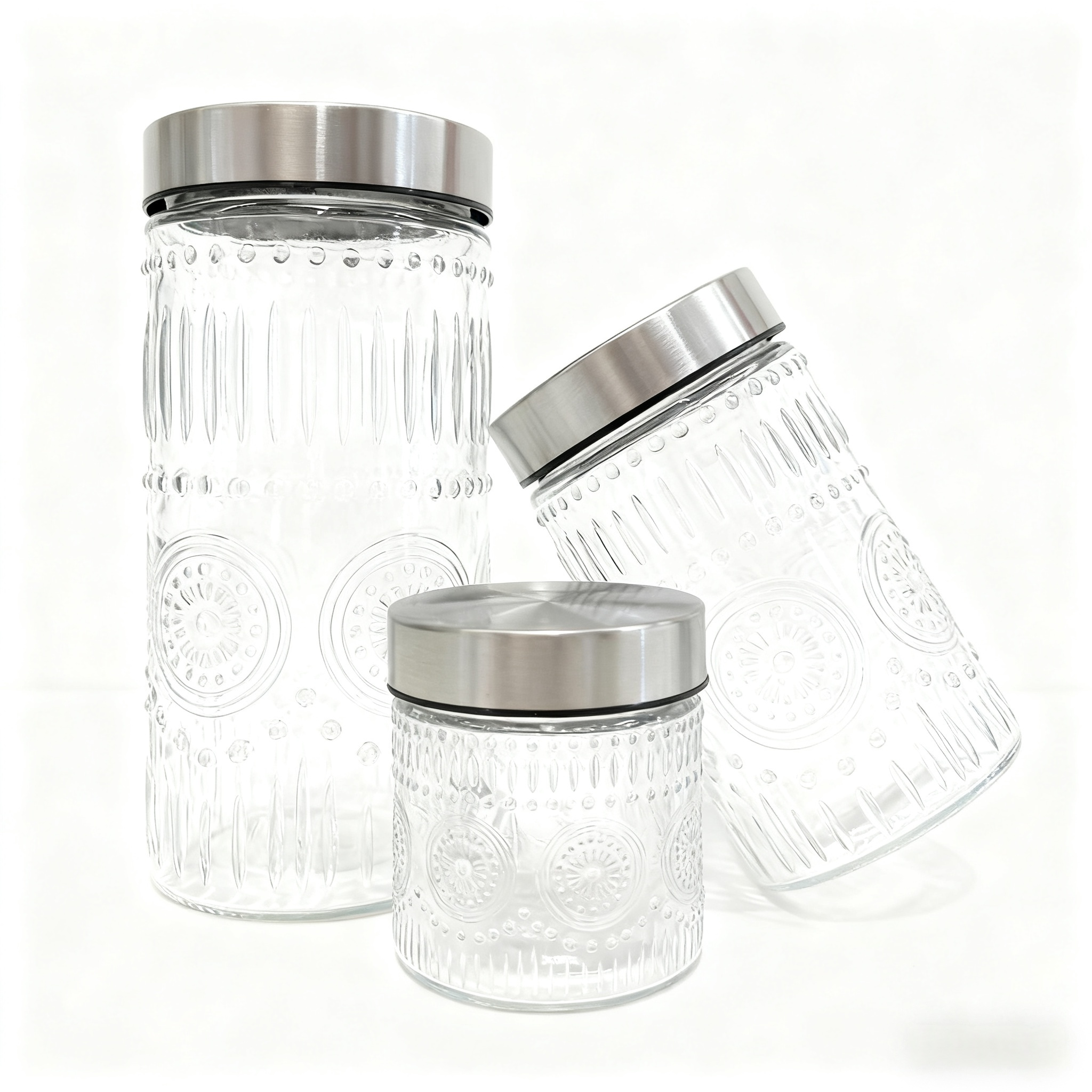 3件套1700ml 1200ml 800ml太阳花图案带不锈钢盖的玻璃罐 白底实物图