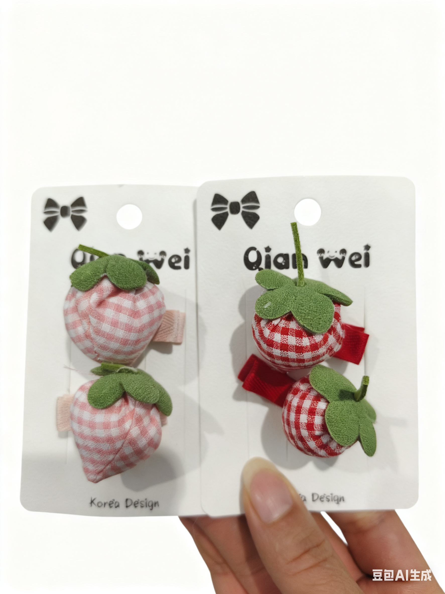 草莓造型发夹，格纹布料，童趣可爱质感柔软，甜美活力的一款发卡产品图