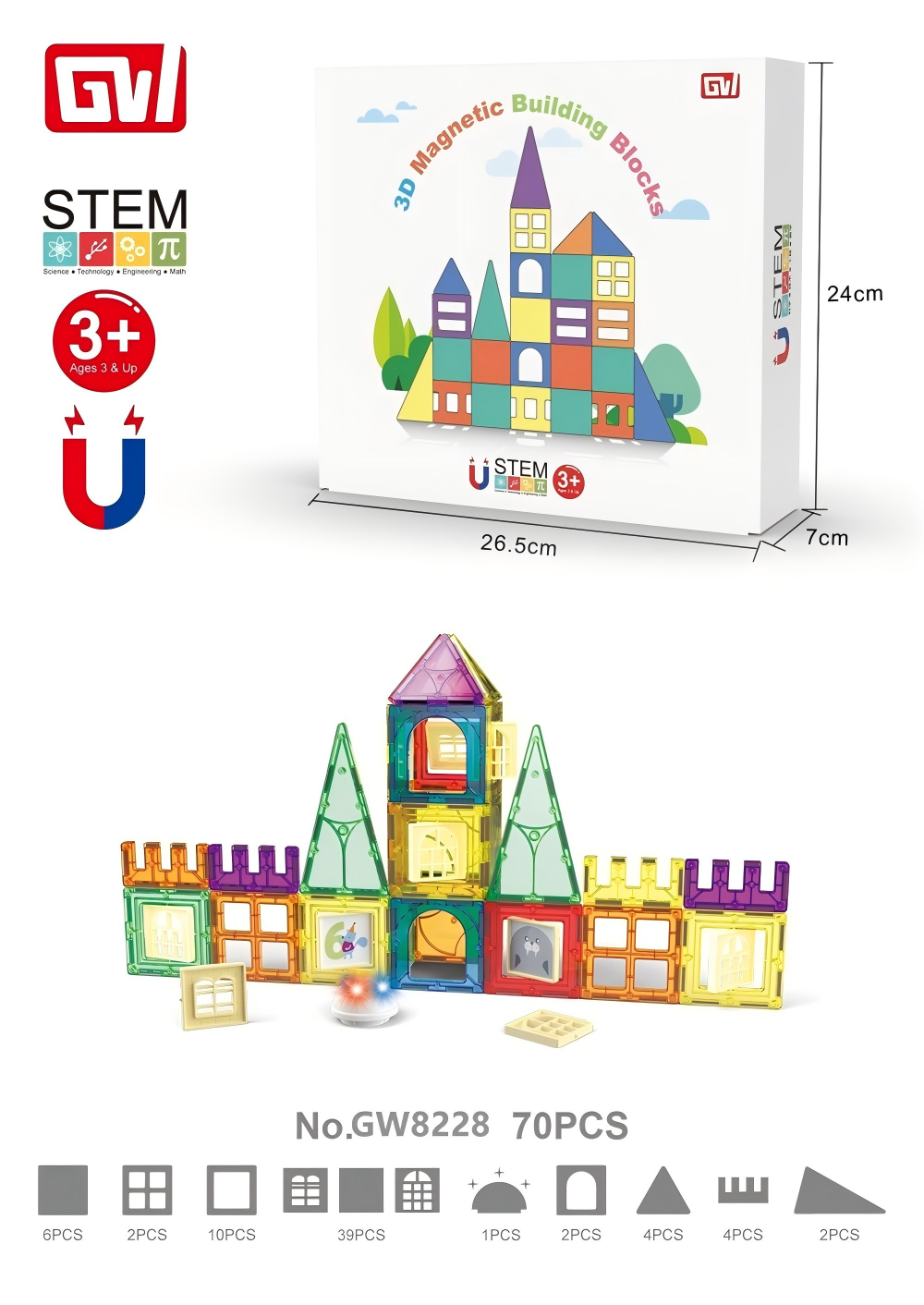 70 3D Magnetic Building Blocks