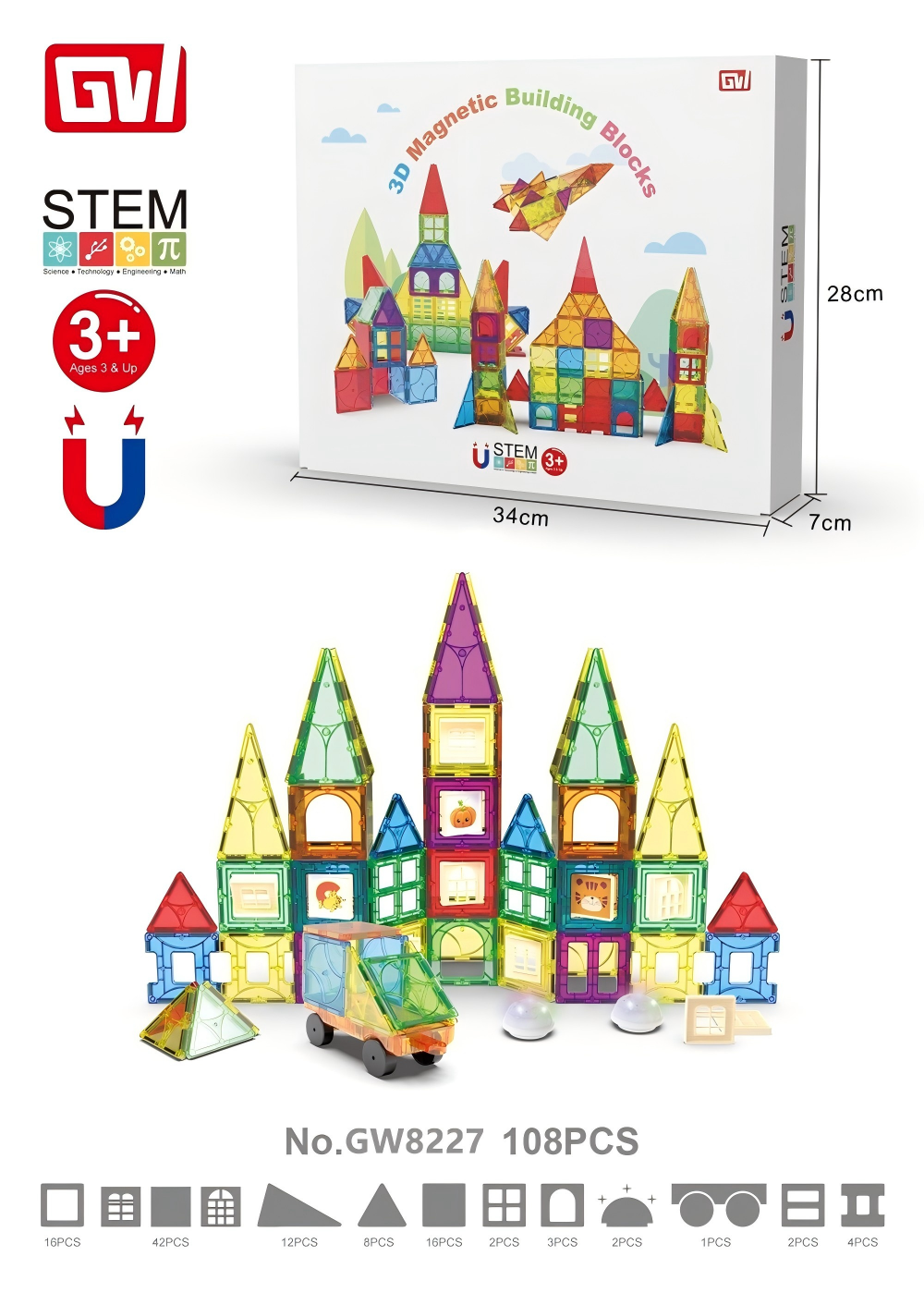 108 3D Magnetic Building Blocks