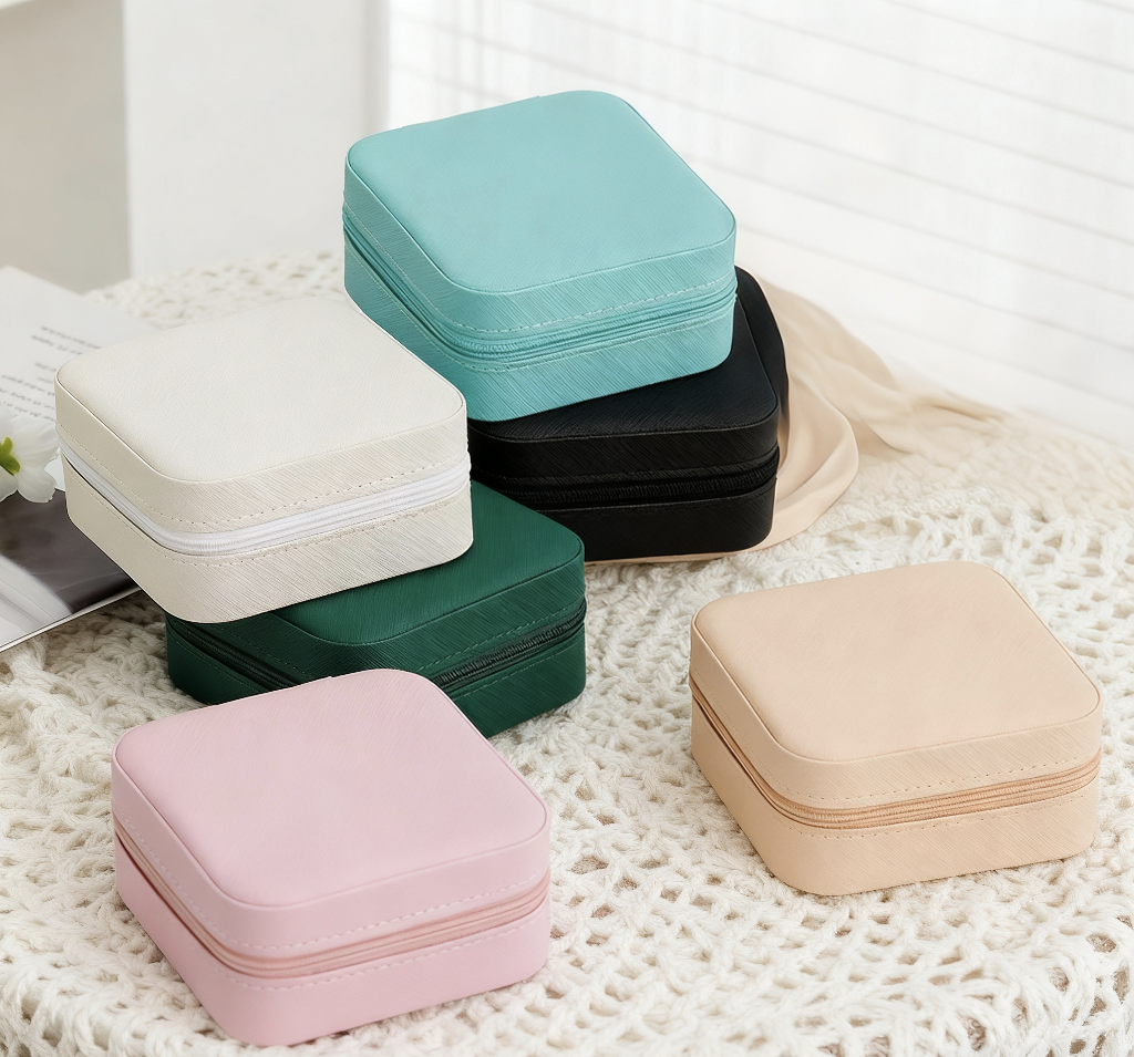 拉链款小方盒单层首饰盒收纳防尘首饰盒戒指项链耳钉整理盒便携小巧精致随身携带首饰盒