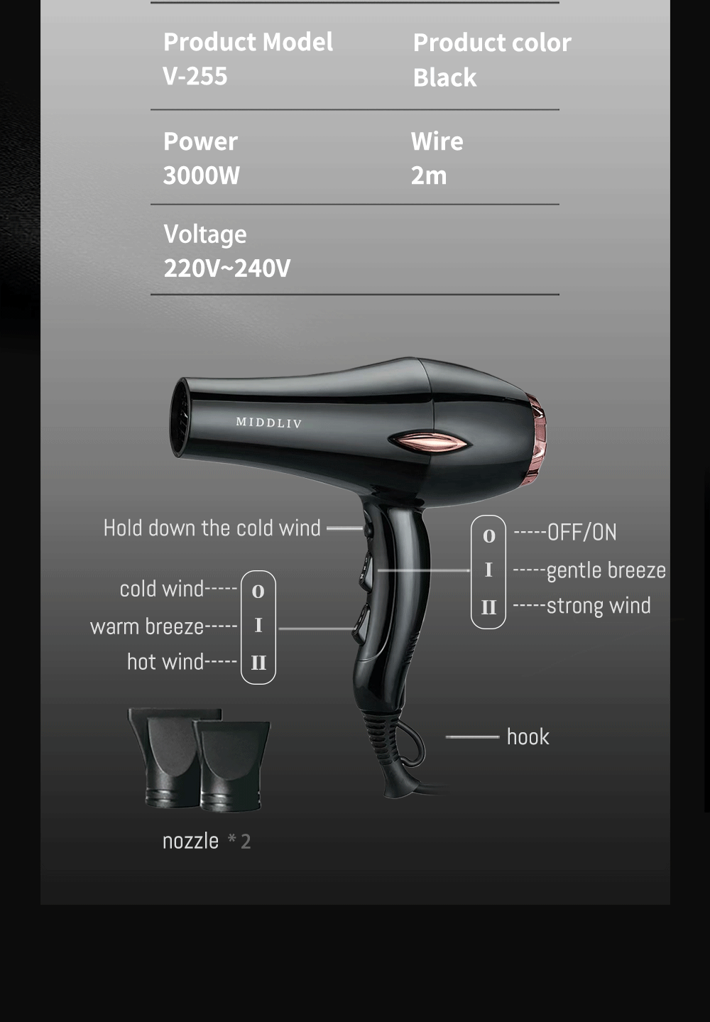 MIDDLIV造型师发廊专用大功率电吹风大风力速干 V-255详情3