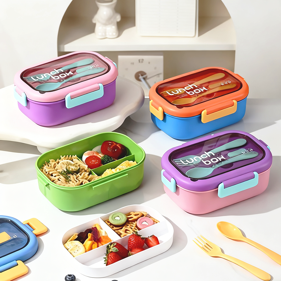 The multi-color compartments bento box comes with tableware and is sealed to prevent leakage. Students can bring their meals to work. The lunch box can hold light food and fruits. It is a portable and fresh-keeping box full figure