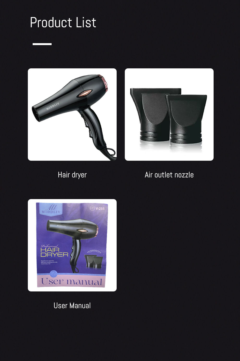 MIDDLIV造型师发廊专用大功率电吹风大风力速干 V-255详情5