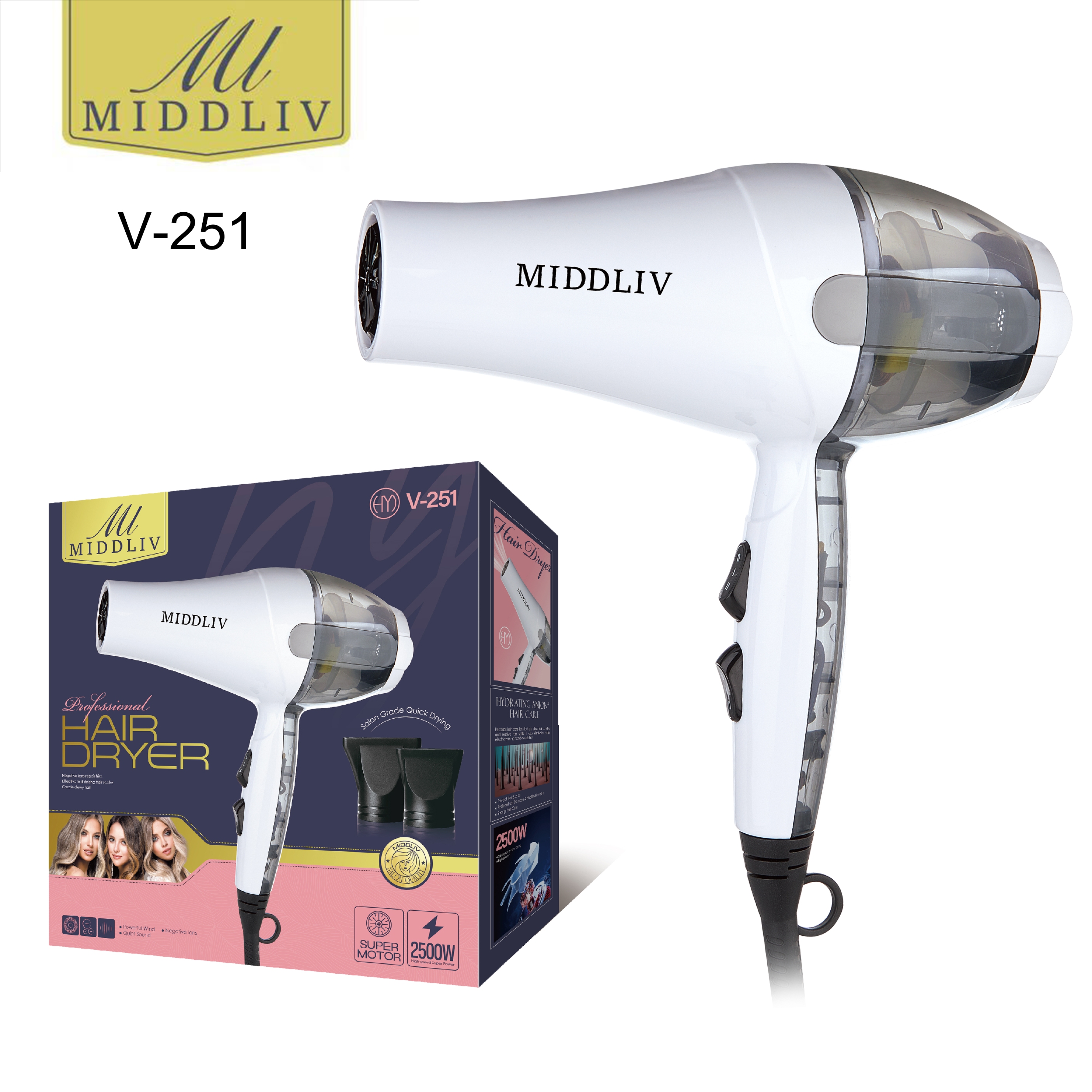 MIDDLIV大风力速干恒温护发造型发廊专用电吹风 V-251