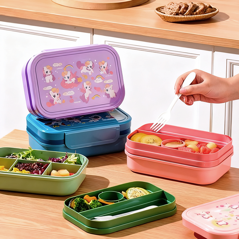 The cute cartoon unicorn compartments bento box, made of food-grade material, can be microwaving and sealed to prevent leakage and flavor mixing. It is a portable and multi-functional lunch box suitable for students to bring meals and office workers to hold light food and fruits full figure