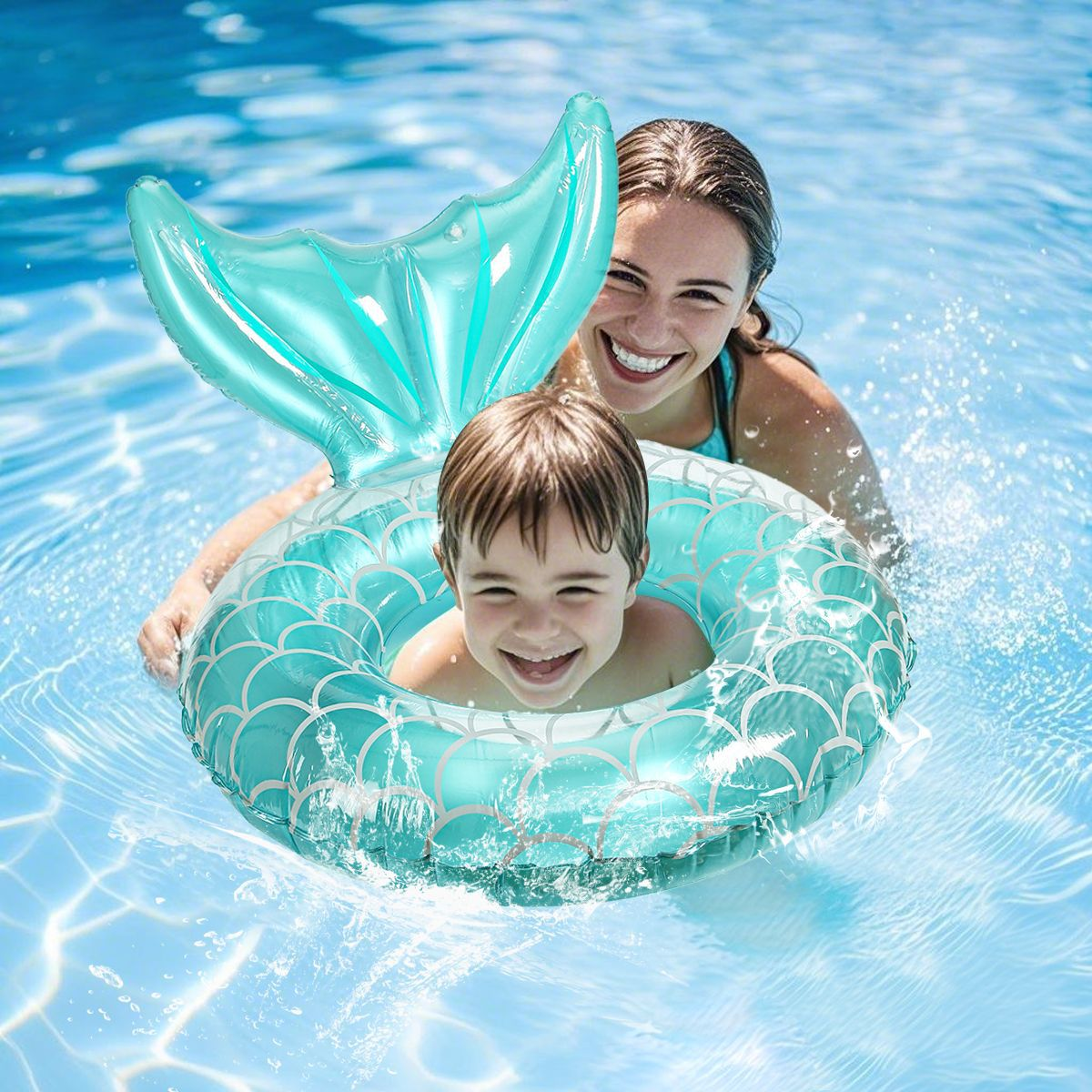 A fish-tail slit baby swimming ring, a female adult sequined mermaid swimming ring under the armpit Application Scenario