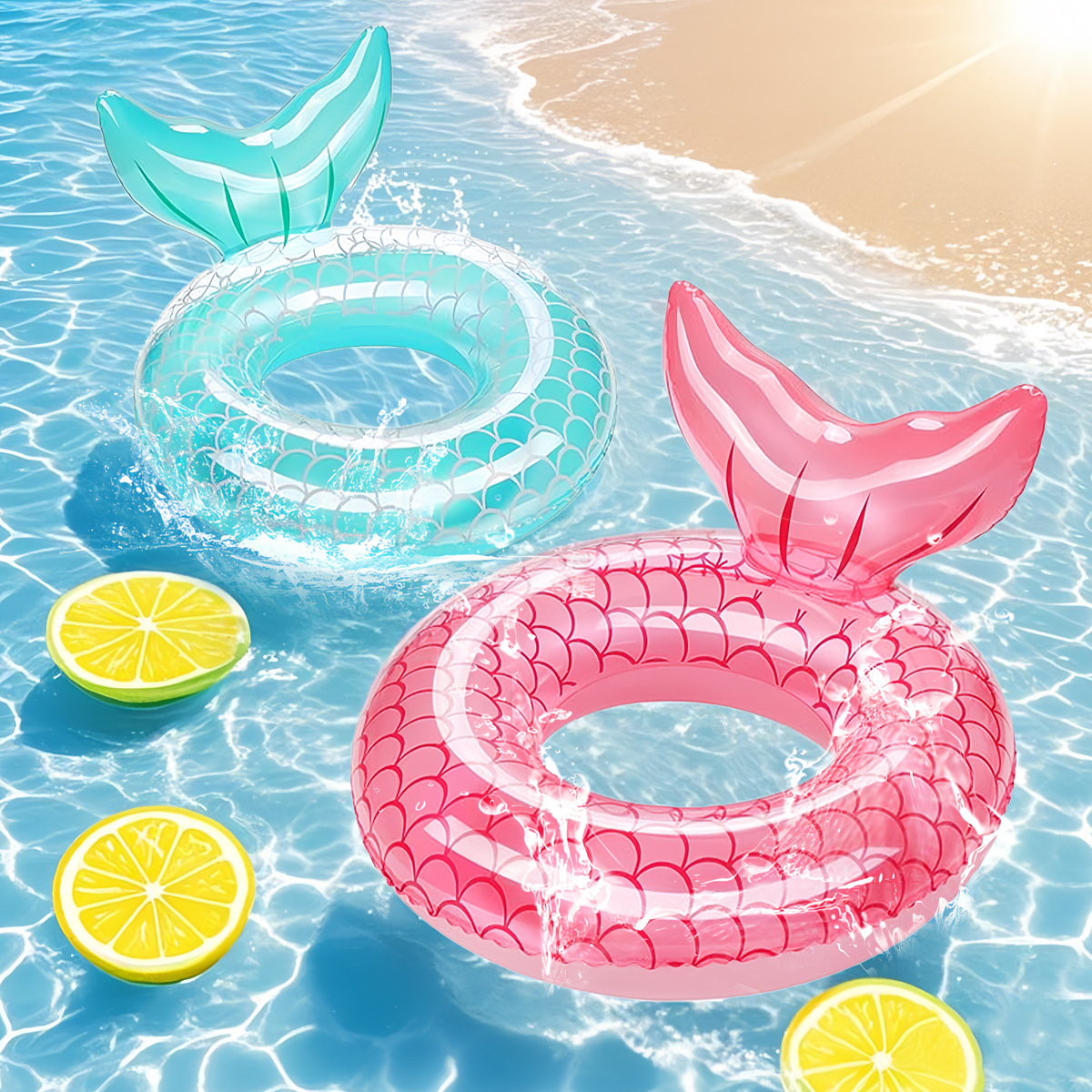 A fish-tail slit baby swimming ring, a female adult sequined mermaid swimming ring under the armpit details Picture