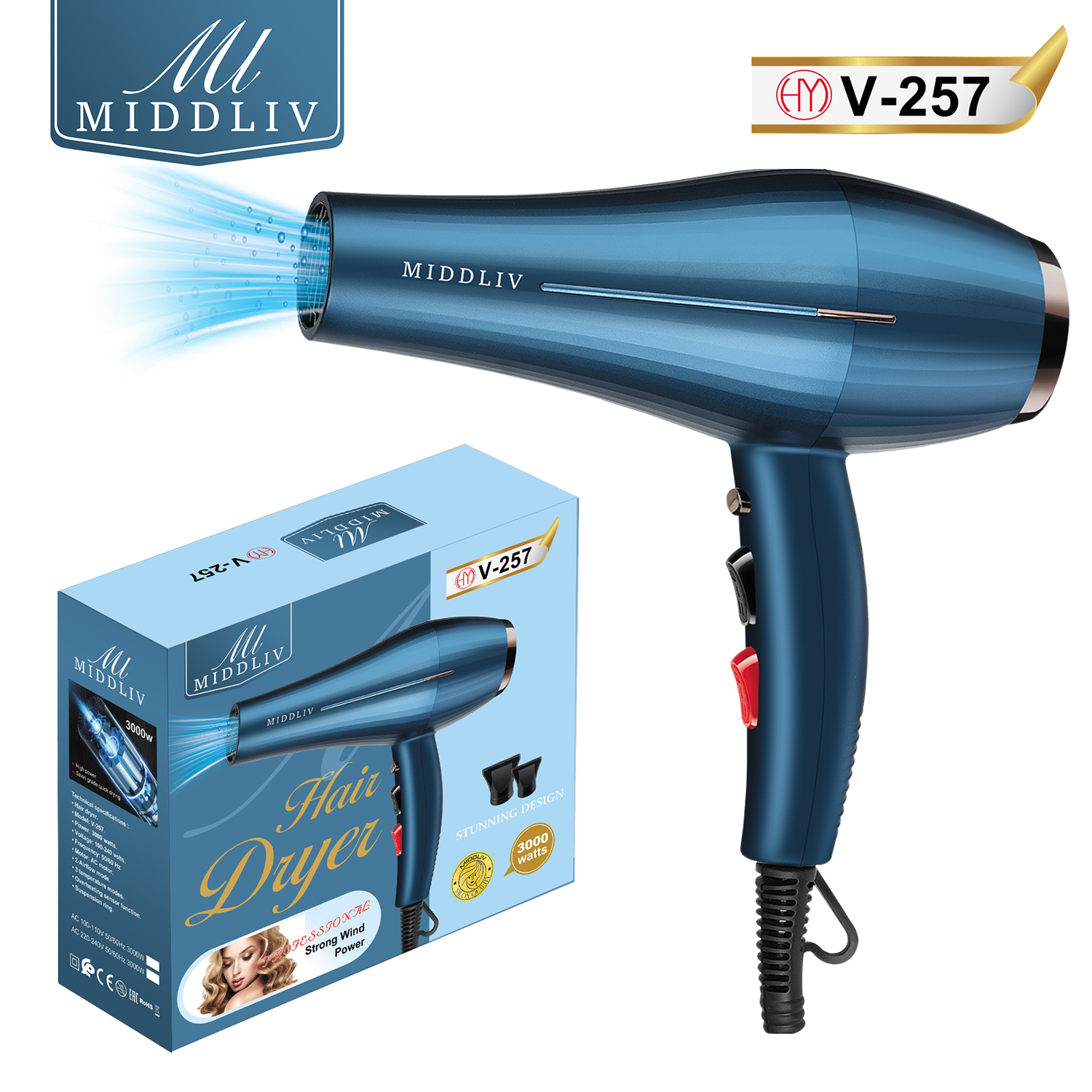 MIDDLIV电吹风家用宿舍冷热风负离子大功率电吹风厂家批发 V-257