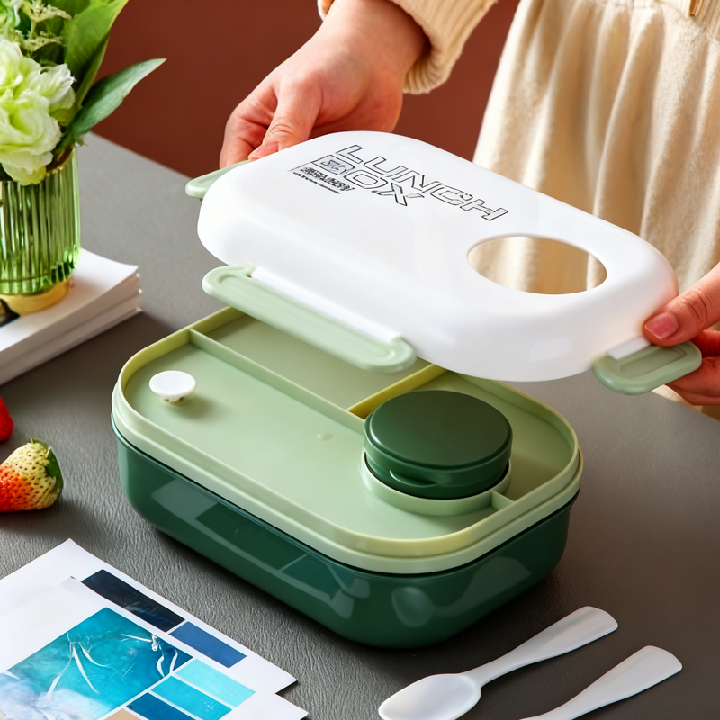 清新绿分层便当盒 自带餐具+酱料盒 密封便携上班族学生午餐盒详情2