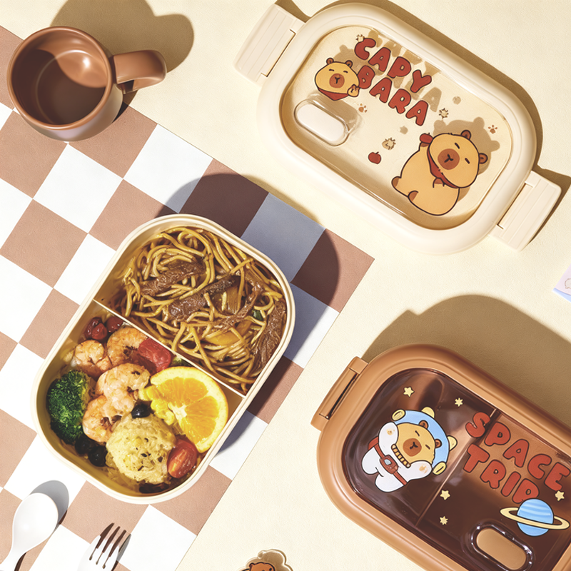 可爱卡皮巴拉分隔便当盒 学生便携带盖餐盒 上班族可微波炉加热分格饭盒详情2