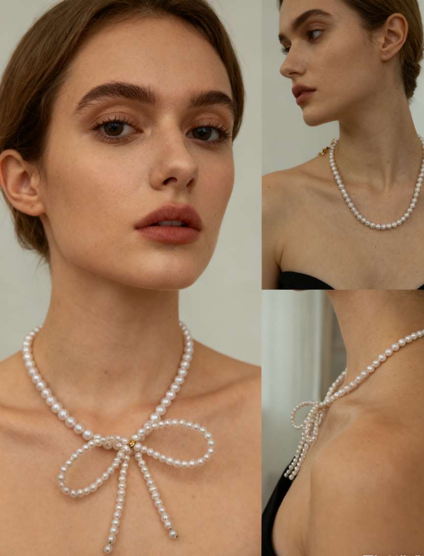 Natural pearl bow necklace: Fashionable, simple, youthful and exquisite pearl necklace