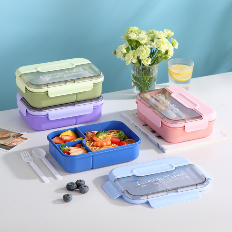 多色三格分隔便当盒 自带餐具密封餐盒 学生上班族便携午餐保鲜盒详情2