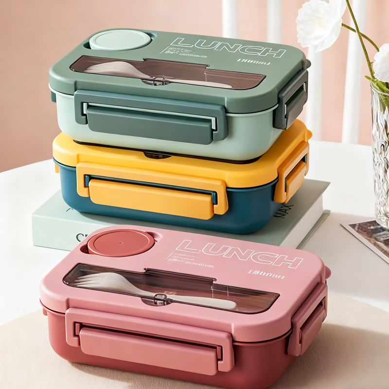马卡龙色系带餐具便当盒 密封分隔餐盒 学生上班族便携保鲜午餐盒详情2