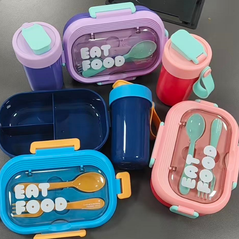 撞色分格餐盒水杯套装 带餐具便携便当盒 学生上班党大容量保鲜饭盒带盖详情2